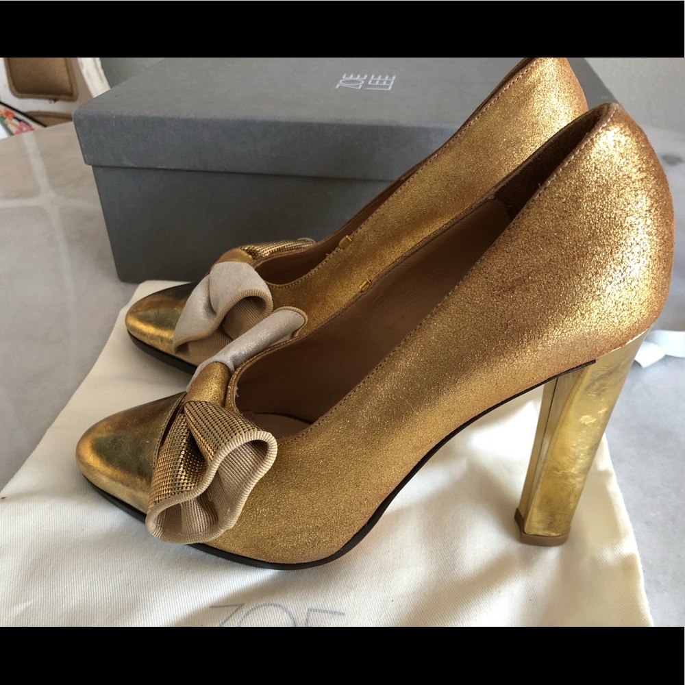 Anthropologie Zoe Lee Paris Metallic Bow Pumps 7 - Picture 7 of 7
